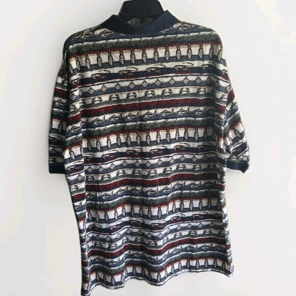 Tabasco Polo Shirt Large Vintage All-Over Print Bottle Fish Crab Shrimp Pepper - Picture 2 of 7